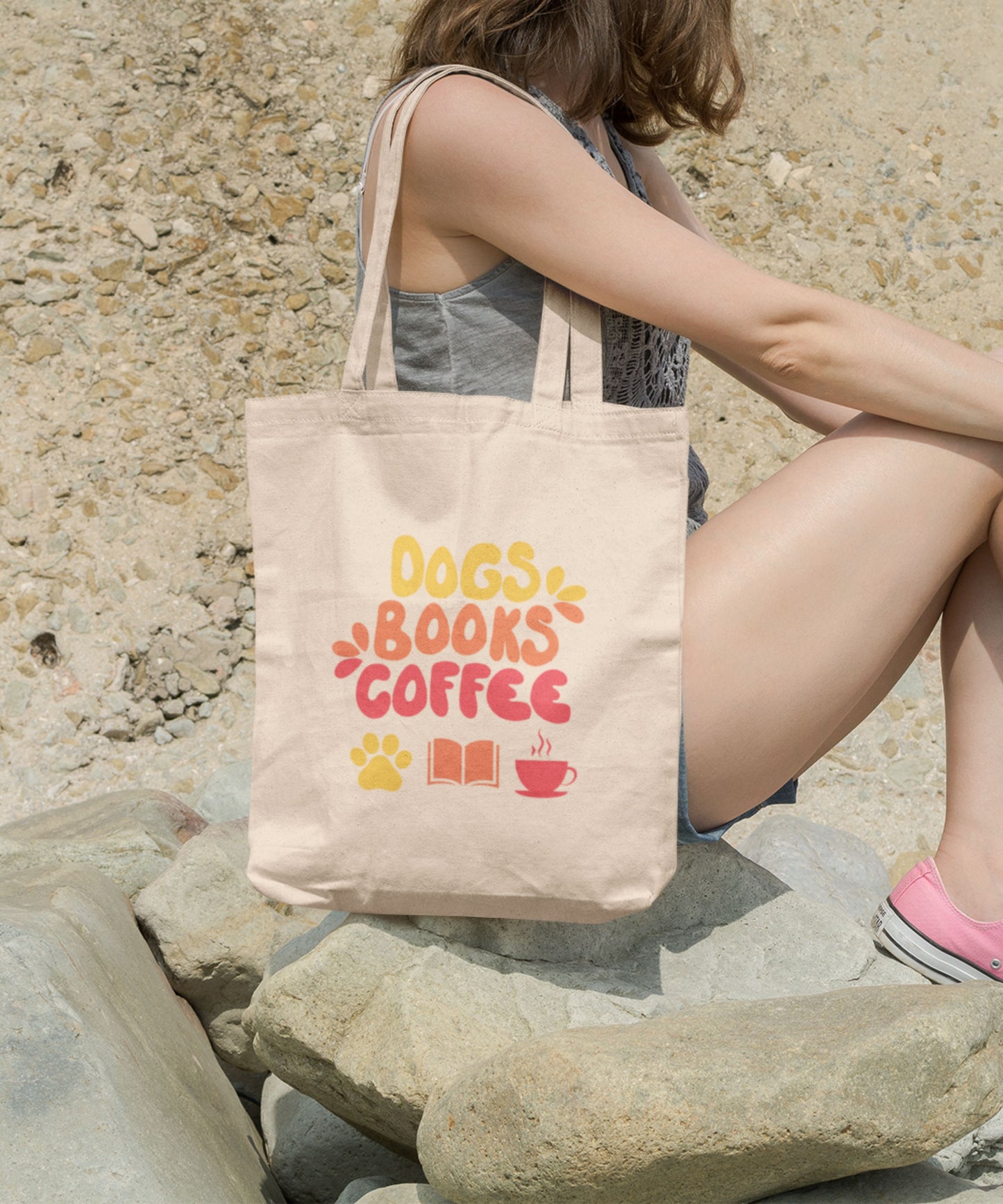 Quirky Dogs Books and Coffee Canvas Reusable Grocery Bag