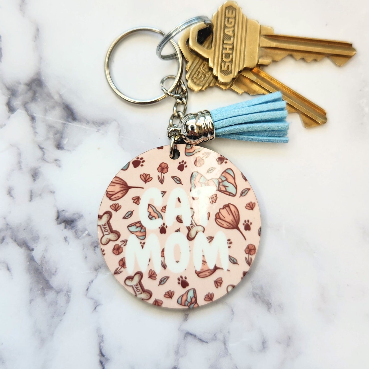 Cat Mom Bows and Flowers Keychain